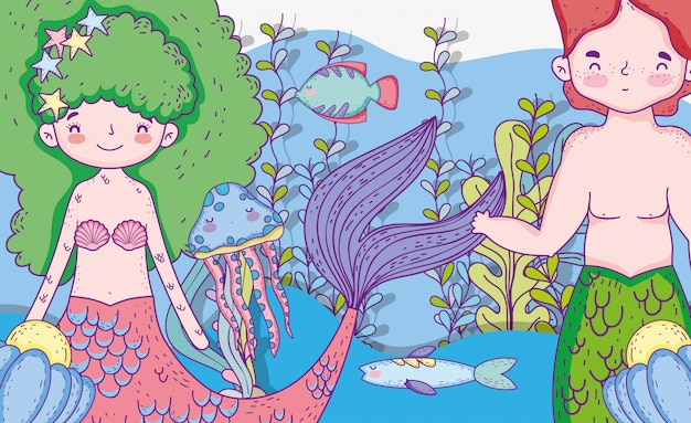 Vector mermaids woman and man with plants leaves