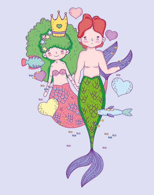 Mermaids woman wearing crown with man and hearts