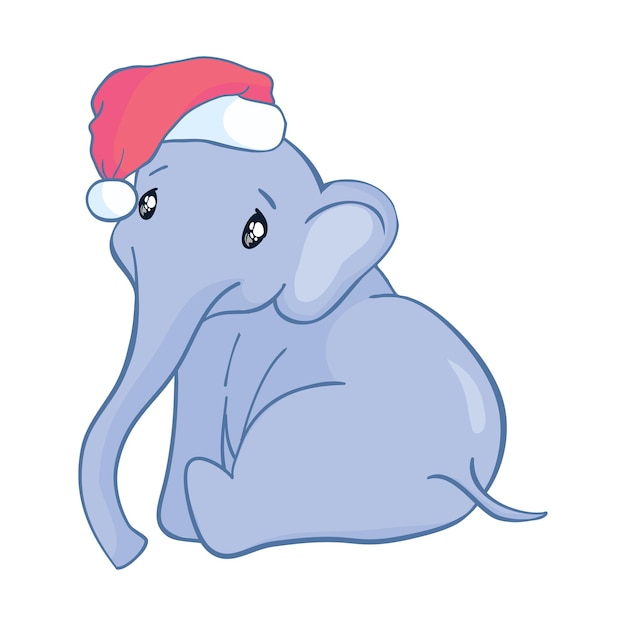 Merry baby cartoon Santa elephant celebrating Christmas with a red Santa Claus hat on its head