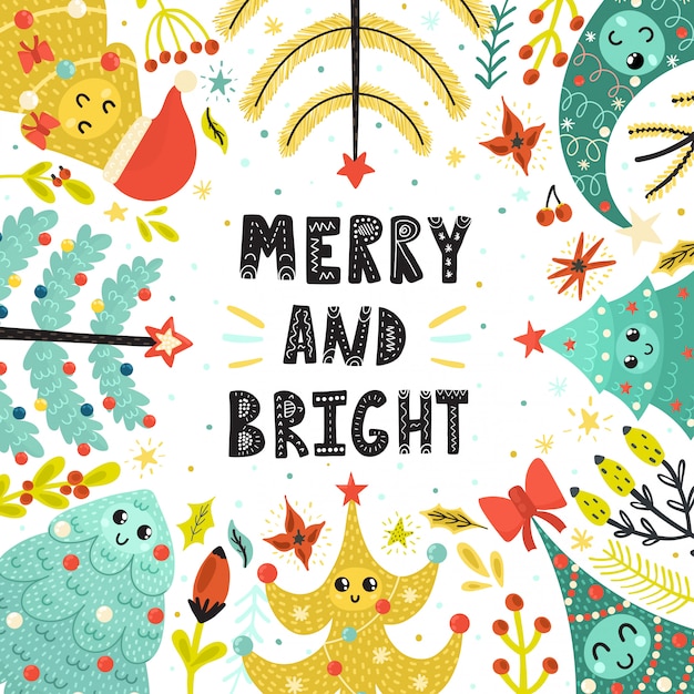 Vector merry and bright card with cute christmas trees