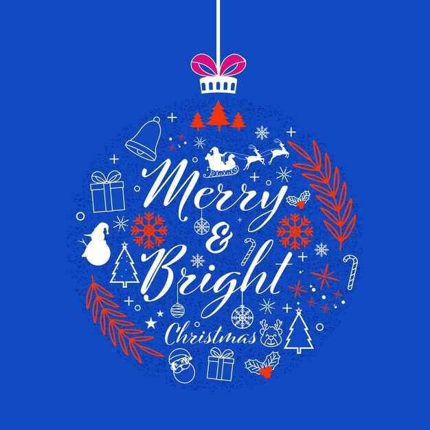 Merry bright christmas font with xmas elements on creative hanging bauble shape blue background