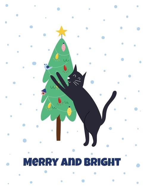 Merry and bright christmas greeting card with a cute cat sharpening claws on christmas tree winter