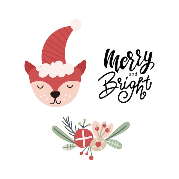 Vector merry and bright hand drawn lettering quote with fox and florals christmas greeting card design vector illustration