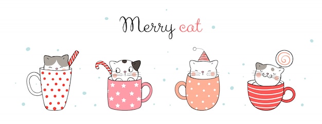 Merry cat. cute cats in cup of coffee and tea for christmas day.