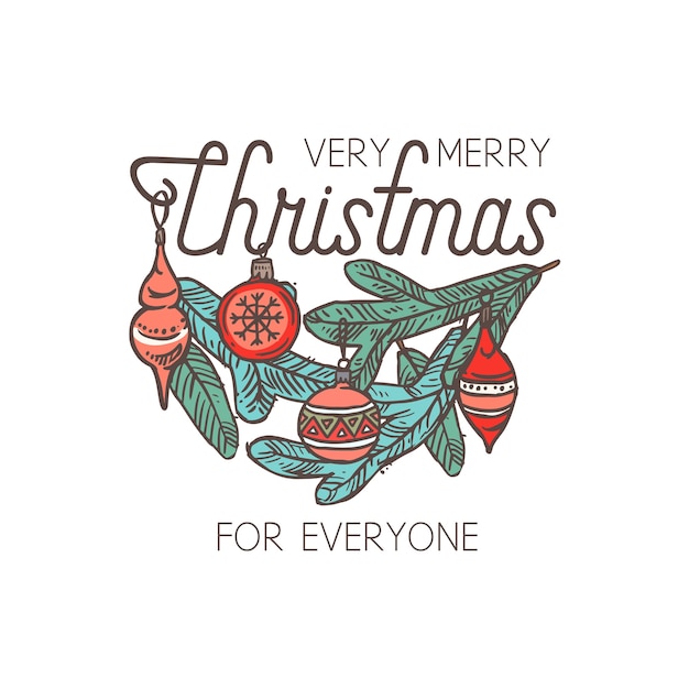 Vector merry chridtmas linear emblem with typography, text and calligraphy. festive doodle label, tag or logo for greeting card or banner with spruce branch and decorations