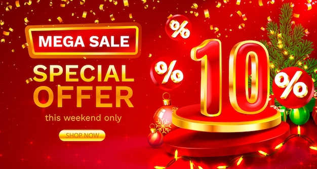 Merry christmas 10 percent off discount creative composition sale banner and poster vector