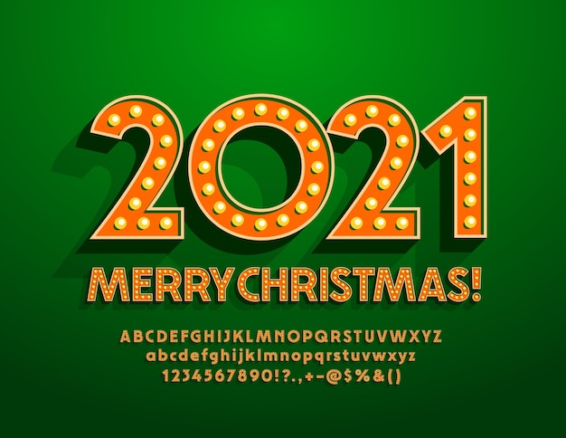 Счастливого рождества 2021 года. винтажная лампа шрифт. ретро буквы алфавита и цифры