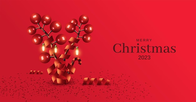 Merry Christmas 2023 with cherry tree ribbon on red background