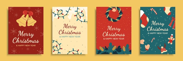 Vector merry christmas 2024 cover brochure set in flat design poster templates with bells with bow garland lights wreath with pine cones and xmas decor festive socks and candies vector illustration