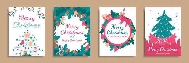 Vector merry christmas 2024 cover brochure set in flat design poster templates with festive trees with toys socks and cookies garland lights fir wreath with pine cones other decors vector illustration