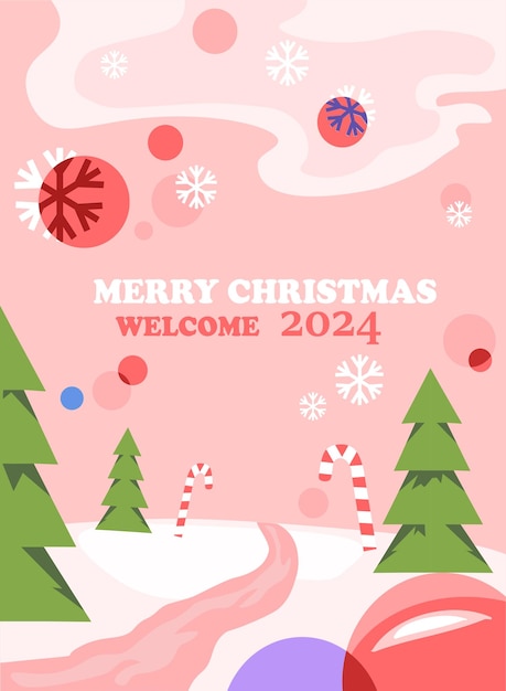 메리 크리스마스 2024 포스트카드 국제 겨울 휴가 및 축제 새해 초대색 사탕과 나무와 함께 눈 템플릿 및 모크업 만화 평면 터 일러스트