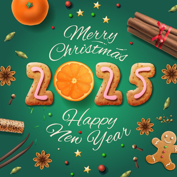 Vector merry christmas 2025 happy new year composition with cookies spices cinnamon anise vanilla oranges vector illustration