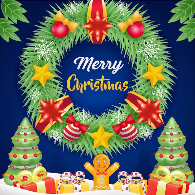 Merry christmas 3d illustratie van de kroon van kerstmis en geschenken onder de dennenboom