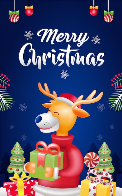 Merry Christmas 3d illustration of a deer holding a gift with christmas decoration