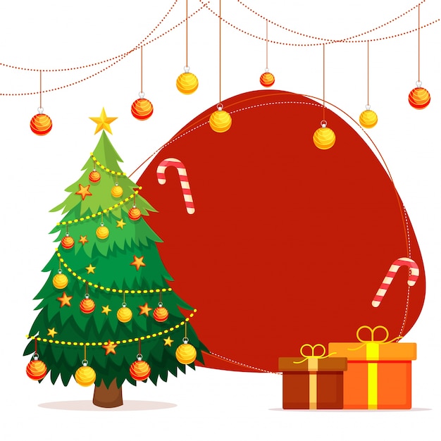 Merry christmas achtergrond met hangende kerstballen, kerstboom, en geschenkdozen op rode achtergrond.