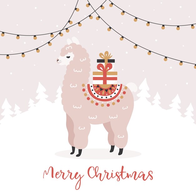 Vector merry christmas, alpaca with gift boxes.