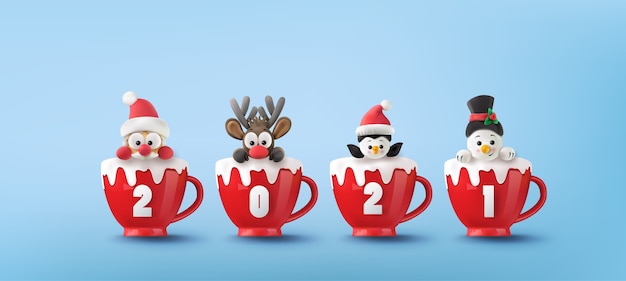 기쁜 성 탄과 행복 하 고 새 해 복 많이 받으세요. 산타 클로스, 눈사람, 순록과 눈이 빨간색 컵에 펭귄.
