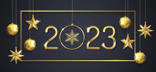 ベクトル メリー クリスマスと新年あけましておめでとうございます 2023 バナーぶら下げ星、フレーム、金色のキラキラ ボール