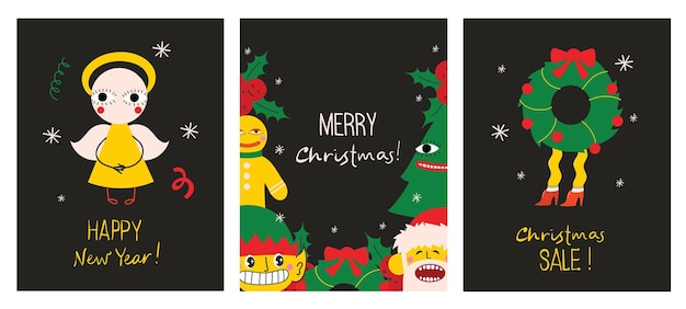 メリー クリスマスと新年あけましておめでとうございます 2023 サンタ クロース鹿クレイジー幾何学的図形クリスマス ツリーとポスターのための花輪とホリデー カードのベクトル トレンディな抽象的なイラスト