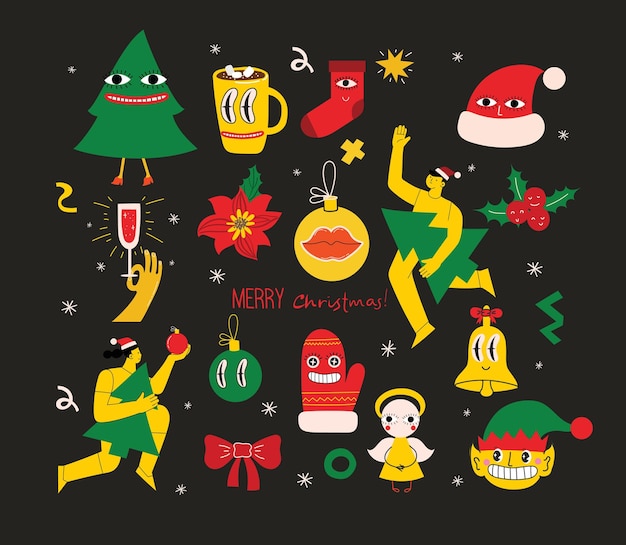 メリー クリスマスと新年あけましておめでとうございます 2023 サンタ クロース鹿クレイジー幾何学的図形クリスマス ツリーとポスターのための花輪とホリデー カードのベクトル トレンディな抽象的なイラスト