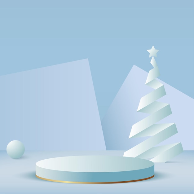 青い表彰台と紙の松の木とメリークリスマスと新年あけましておめでとうございますの背景。ベクター。
