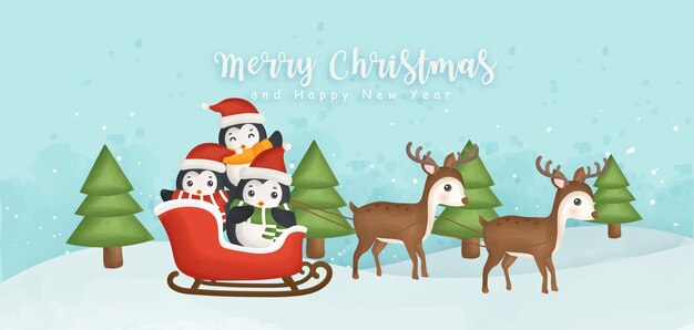 Веселого рождества и счастливого нового года баннер с милыми пингвинами и оленями.