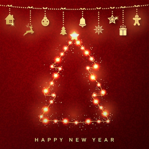 ベクトル クリスマスツリーの光るライトとメリークリスマスと新年あけましておめでとうございますカード。ベクター。
