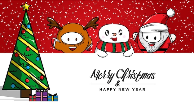 ベクトル メリークリスマス、そしてハッピーニューイヤー！大きな看板を持つクリスマスのかわいい動物キャラクター。