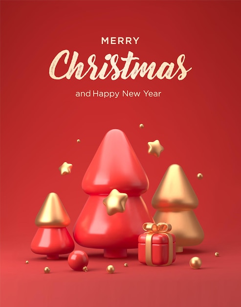 ベクトル メリー クリスマスと新年あけましておめでとうございますお祭り組成カラフルなクリスマス背景にリアルな 3 d の木とギフト ボックス ベクトル イラスト