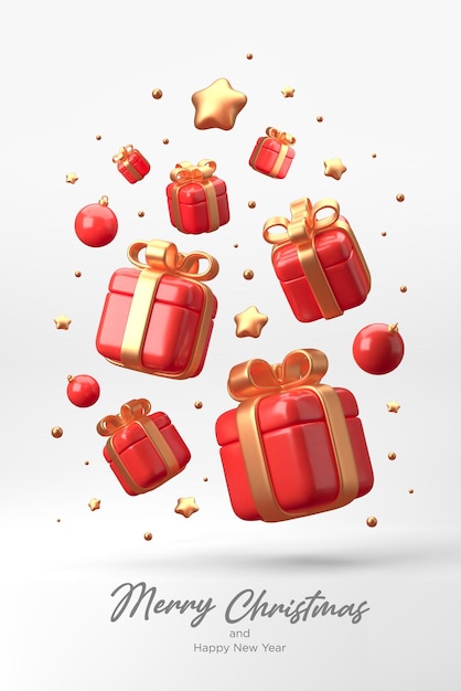 Вектор С новым годом и рождеством праздничная композиция красочный рождественский фон с реалистичными 3d деревьями и подарочными коробками векторная иллюстрация