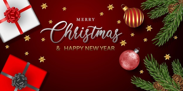 メリー クリスマスと新年あけましておめでとうございます緑松葉金属ボール星ギフト ボックス赤い休日背景