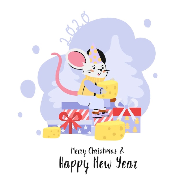기쁜 성 탄과 새 해 복 많이 인사말 카드 쥐와 함께.