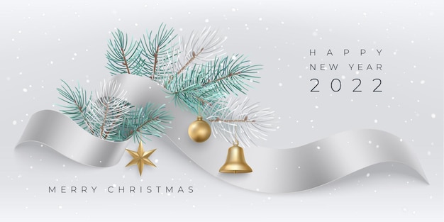 メリークリスマスと新年あけましておめでとうございますグリーティングカード、ボールベルスターモミの枝シルバーリボン