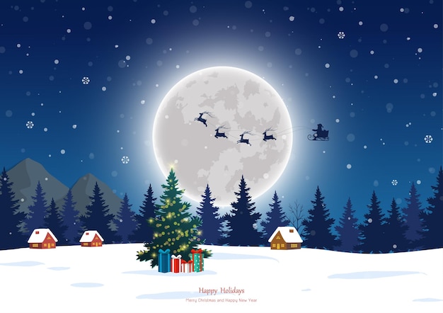 Вектор Поздравительная открытка с новым годом и рождеством с санта-клаусом и полнолунием в зимнюю ночь
