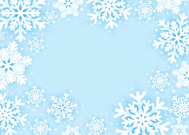ベクトル 青い背景に雪片とメリークリスマスと新年あけましておめでとうございますグリーティングカード。