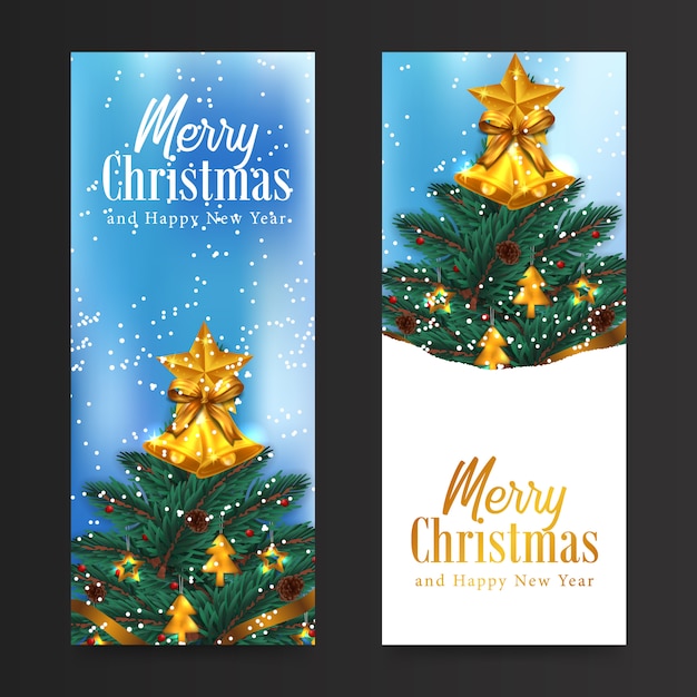 Поздравительная открытка с рождеством и новым годом с елкой, украшенная гирляндой из ели, сосны, ели и золотым колокольчиком