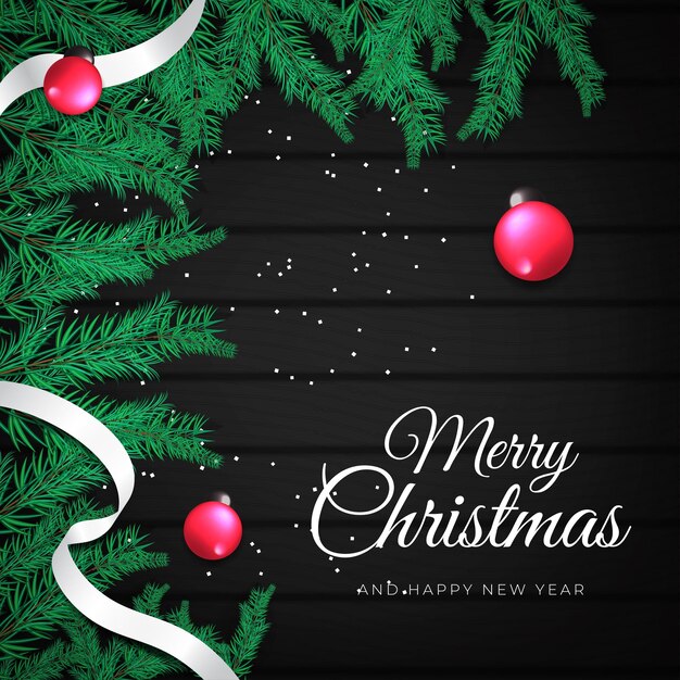 メリー クリスマスと新年あけましておめでとうございます挨拶ベクトル イラスト黒の木製の背景に