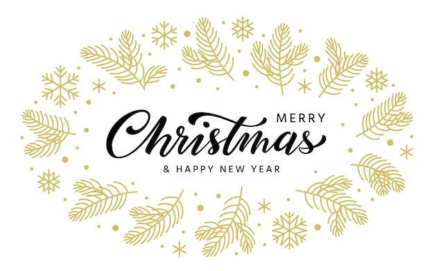 メリー クリスマスと新年あけましておめでとうございます手描きブラシ レタリング クリスマス クリエイティブ グリーティング カード バナー ポスター テンプレート冬休日背景インク ペン書道金雪片松の枝