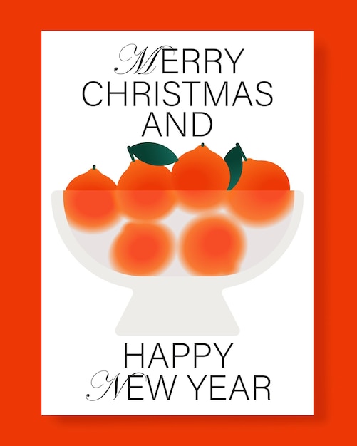 Вектор Веселого рождества и счастливого нового года. праздничный баннер с тарелкой стекломорфизма и мандаринами. рождество
