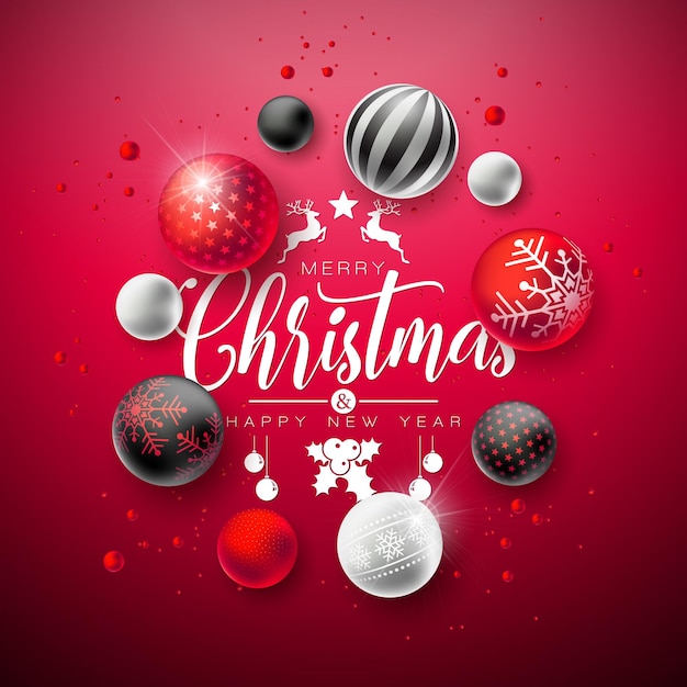 メリークリスマスと新年あけましておめでとうございますイラストとカラフルなガラスボールと赤い背景のタイポグラフィ文字。グリーティングカード、パーティの招待状またはプロモーションバナーのベクトルホリデーシーズンのデザイン