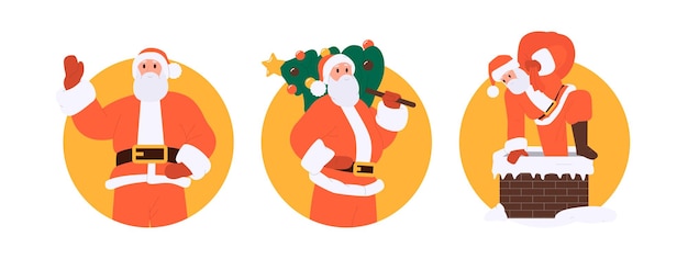 Вектор Счастливого рождества и нового года изолированная круглая композиция икон с смешным санта-клаусом, любящим зимний праздник, персонажем мультфильма, приветствием и приглашением на волшебное традиционное вечеринское событие