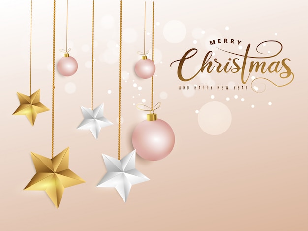 Веселого рождества и счастливого нового года надписи на нежно-розовом, украшенные шарами и золотыми, белыми звездами.