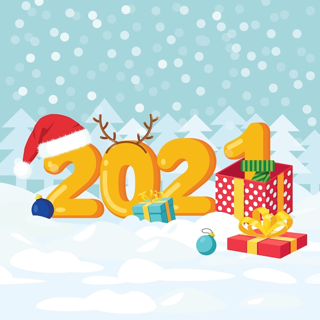 즐거운 성탄절 보내시고 새해 복 많이 받으세요. 산타 클로스 모자, 선물 상자, 장식 공이있는 숫자