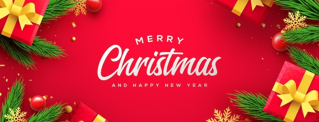 メリー クリスマスと新年あけましておめでとうございますポスターまたはバナー ギフト ボックスとツリーの図