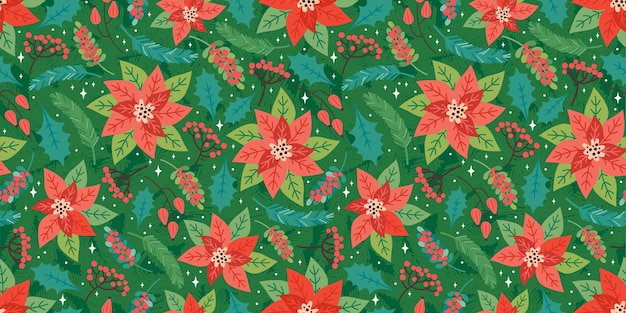 기쁜 성 탄과 새 해 복 많이 받으세요 완벽 한 패턴입니다. 크리스마스 꽃 요소, 포 인 세 티아, 홀리 잎, 붉은 열매, 전나무 가지와 축제 배경. 유행 복고 스타일.