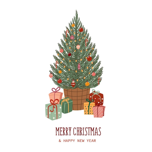 Вектор Поздравление с новым годом и рождеством, украшенное елкой и коробками с подарками