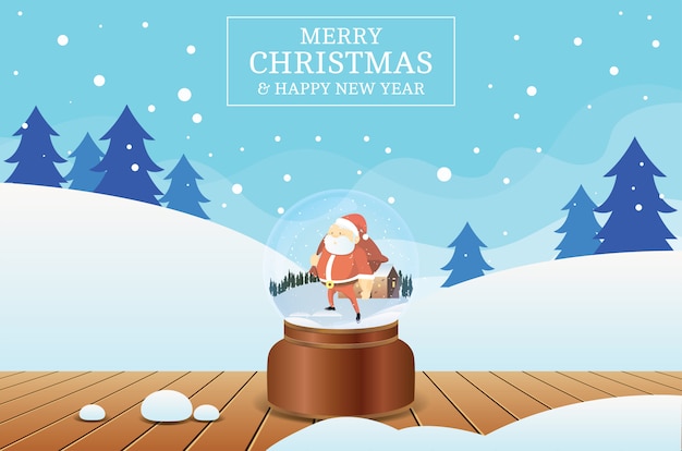 メリークリスマスと新年あけましておめでとうございますサンタクロースクリスタルボールと冬景色の背景