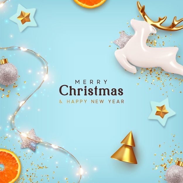 Вектор Веселого рождества и счастливого нового года. рождественский фон дизайн реалистичные фарфоровые фигурки красивых белых оленей, праздничные декоративные предметы. рождественский плакат, праздничный баннер, флаер, стильная брошюра