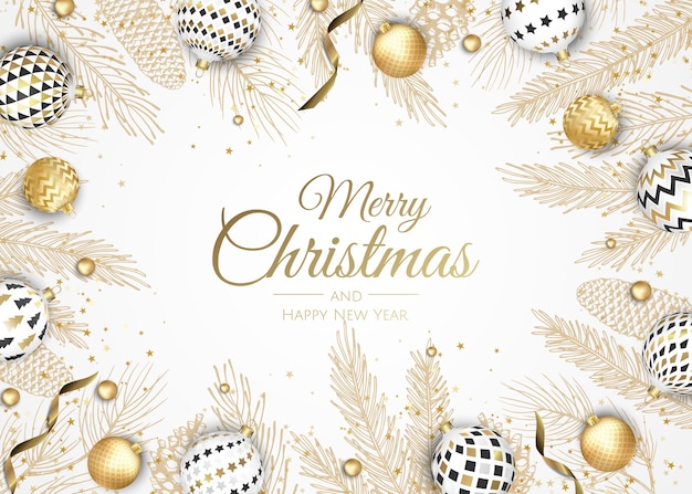 Вектор Веселого рождества и счастливого нового года. рождественский фон с пуансеттия, снежинки, звезды и шары. поздравительная открытка, праздничный баннер, веб-плакат