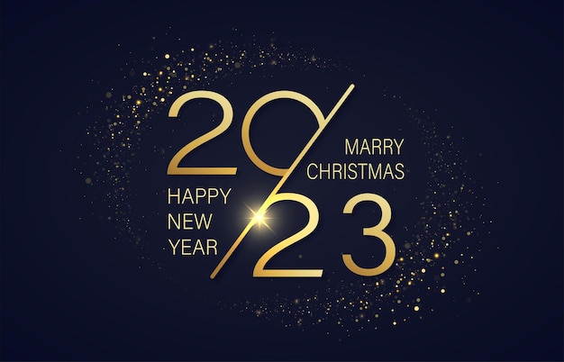 Счастливого рождества и нового 2023 года. праздничный сияющий фон с золотым текстом и блестками.